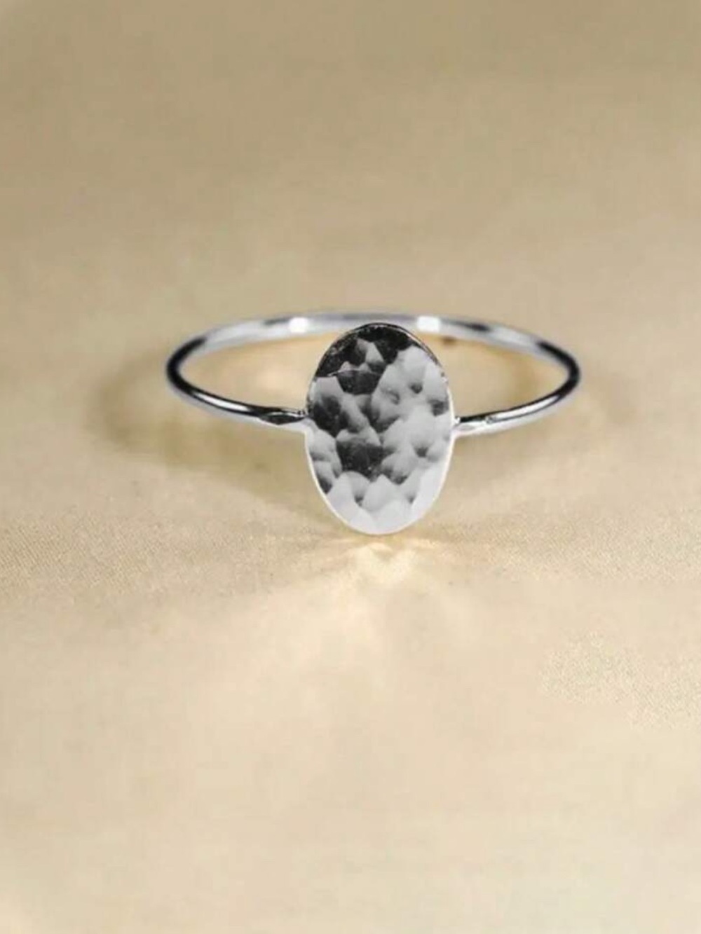 Silver Tone Hammered Oval Ring - Silver